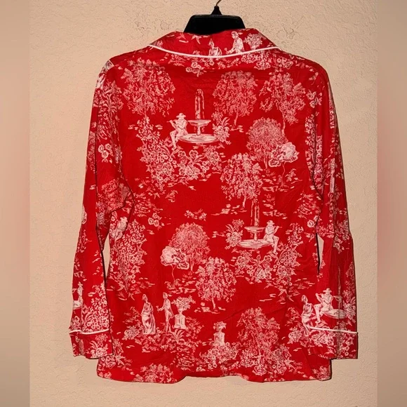 Red French Toile Pajama Top | Scenic Print Button Front - Picture 6 of 7